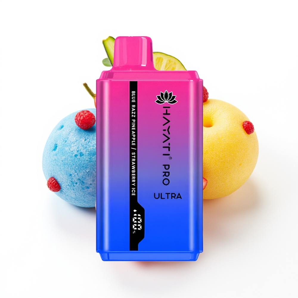 Hayati Pro Ultra 15000 Puffs Vape Disposable Bleu Framboise Ananas Fraise Glace avec 49 Saveurs et 2×12ml