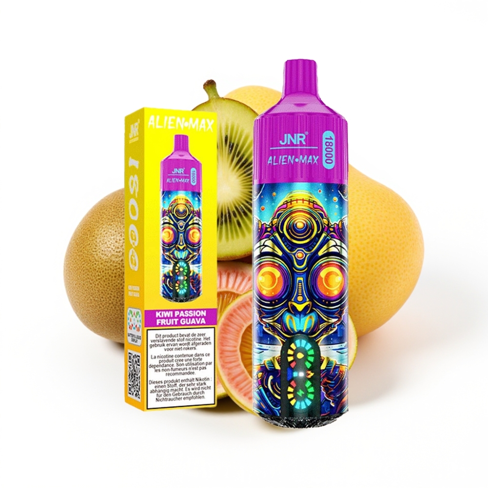 JNR Alien Max 18000 Puffs Disposable Vape Kiwi Fruit de la Passion Goyave avec Affichage LED et Double Bobine Mesh