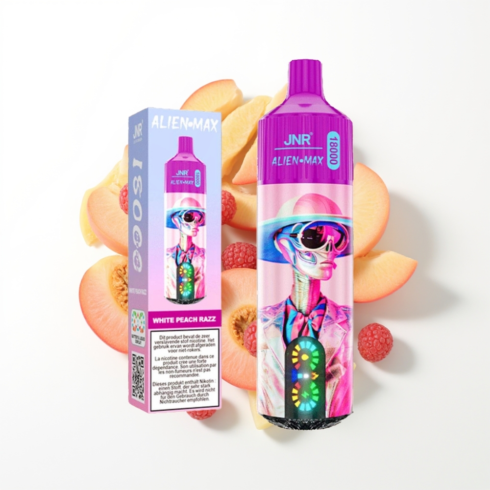 JNR Alien Max 18000 Puffs Vape Disposable Pêche Blanche Framboise avec LED Intelligente et Double Bobine