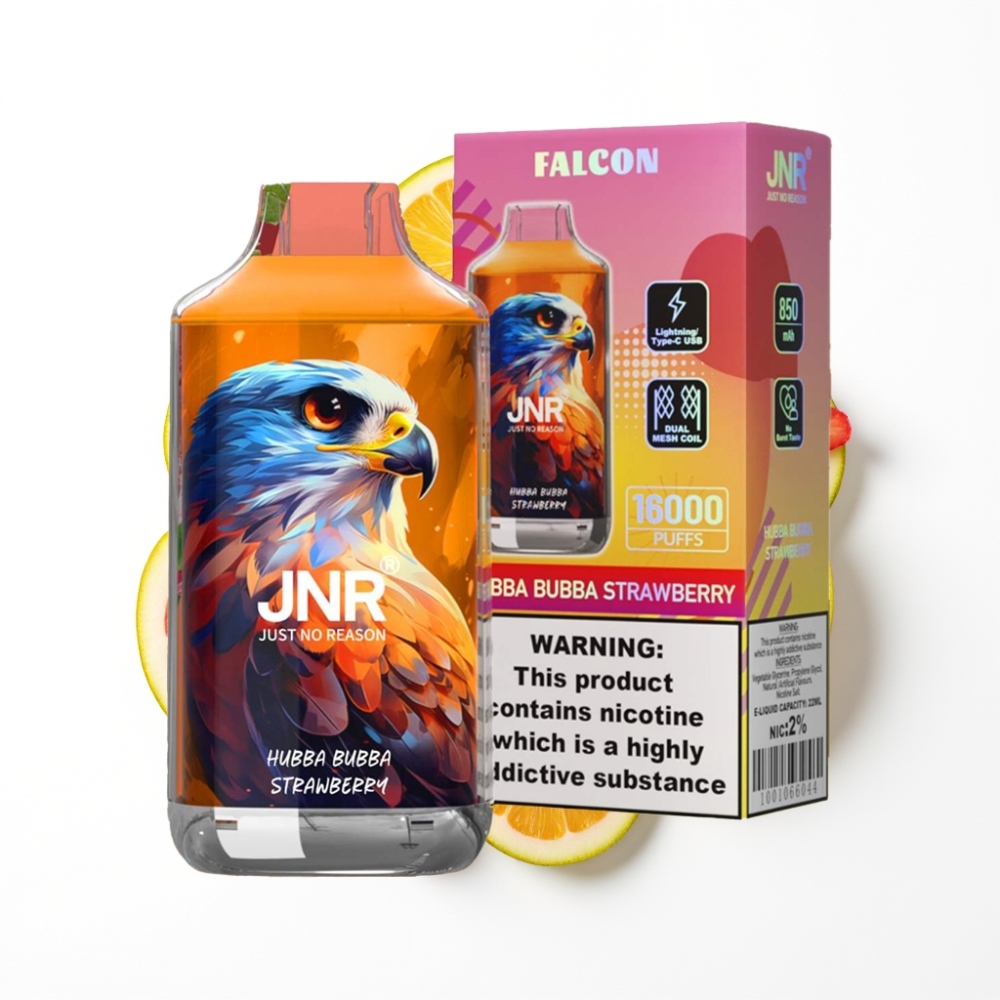 JNR Falcon 16000 Puffs Disposable Vape Fraise Hubba Bubba avec LED Intelligente et Double Mesh Coil