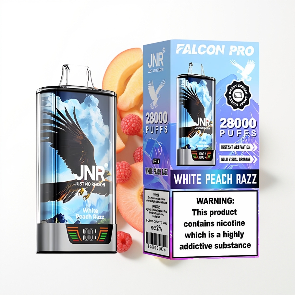 JNR Falcon Pro 28000 Disposable Vape Pêche Blanche Framboise avec Smart Display et USB Type-C