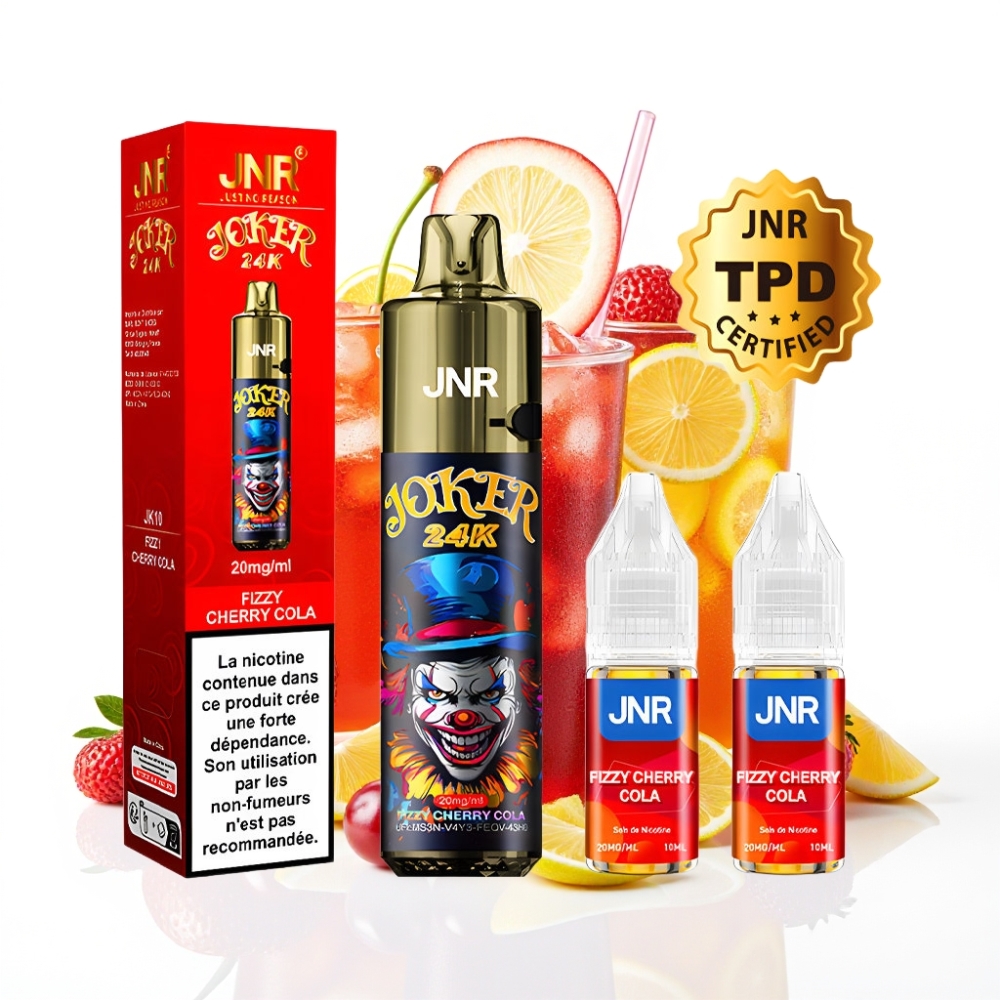 JNR Joker 24K Puffs Disposable Vape Cerise Cola Pétillante avec 2+10ml Rechargeable et 24000 Puffs