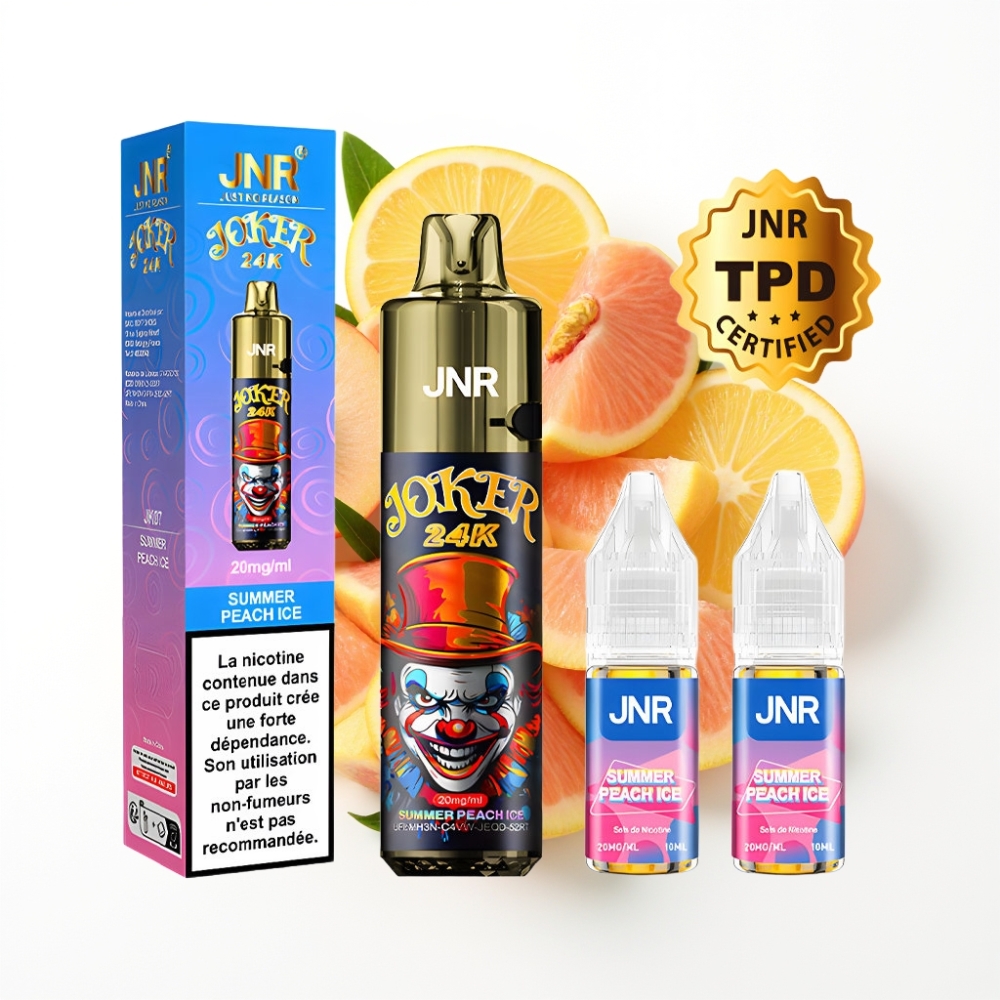 JNR Joker 24K Puffs Disposable Vape Pêche Estivale Glacée avec 2+10ml Pod et 800mAh Batterie