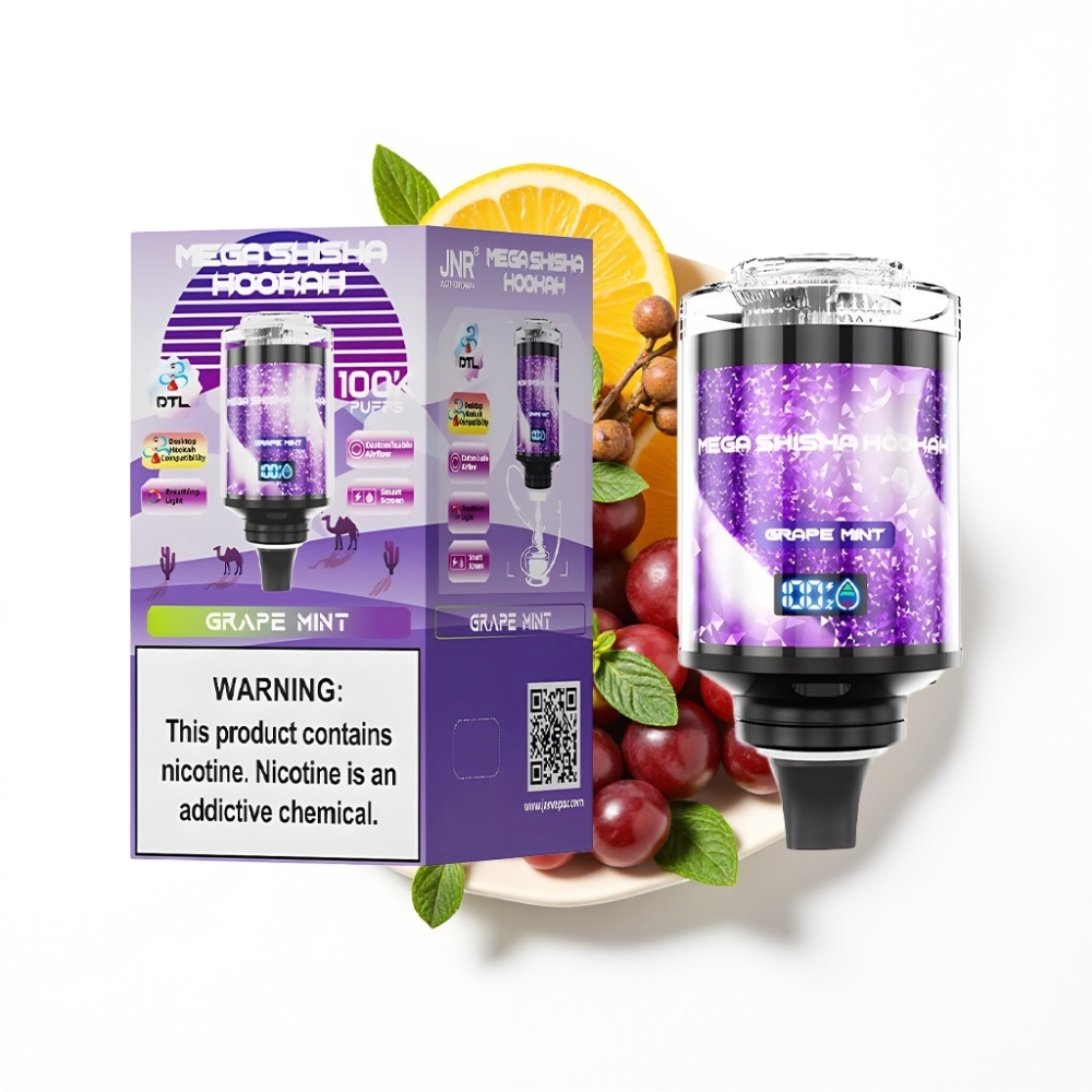 JNR Mega Shisha Hookah 100K Compatibilité Bureau Raisin Menthe 100000 bouffées 60ml
