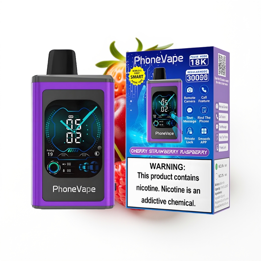 JNR PhoneVape 30000 bouffées Vape Jetable Cerise Fraise Framboise avec Batterie Rechargeable 850mAh et Écran Complet