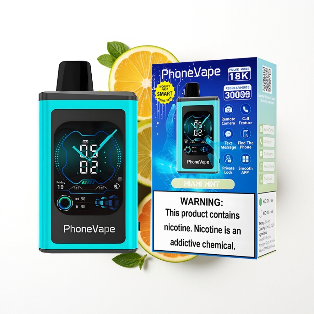 JNR PhoneVape 30000 bouffées Vape Jetable Miami Menthe avec Batterie Rechargeable et Écran Complet
