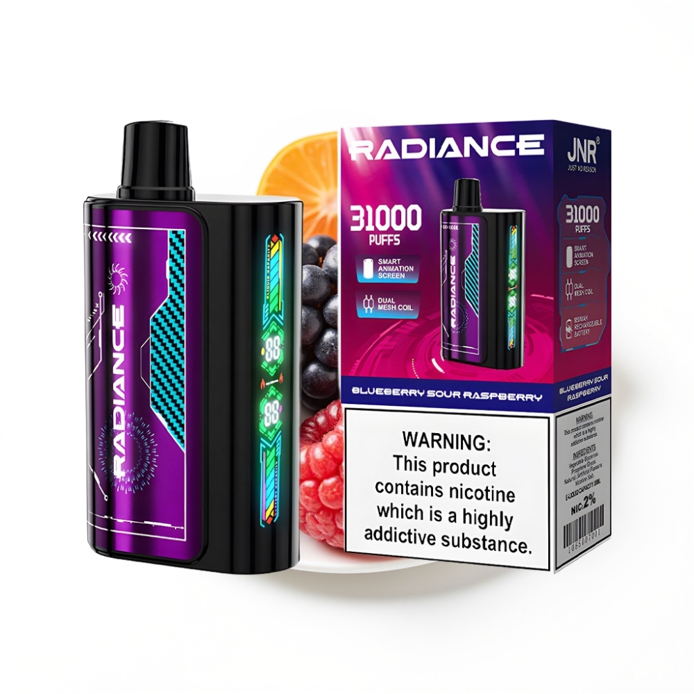 JNR Radiance 31000 Puffs Disposable Vape MYRTILLE ACIDE FRAMBOISE avec écran animé intelligent et batterie rechargeable