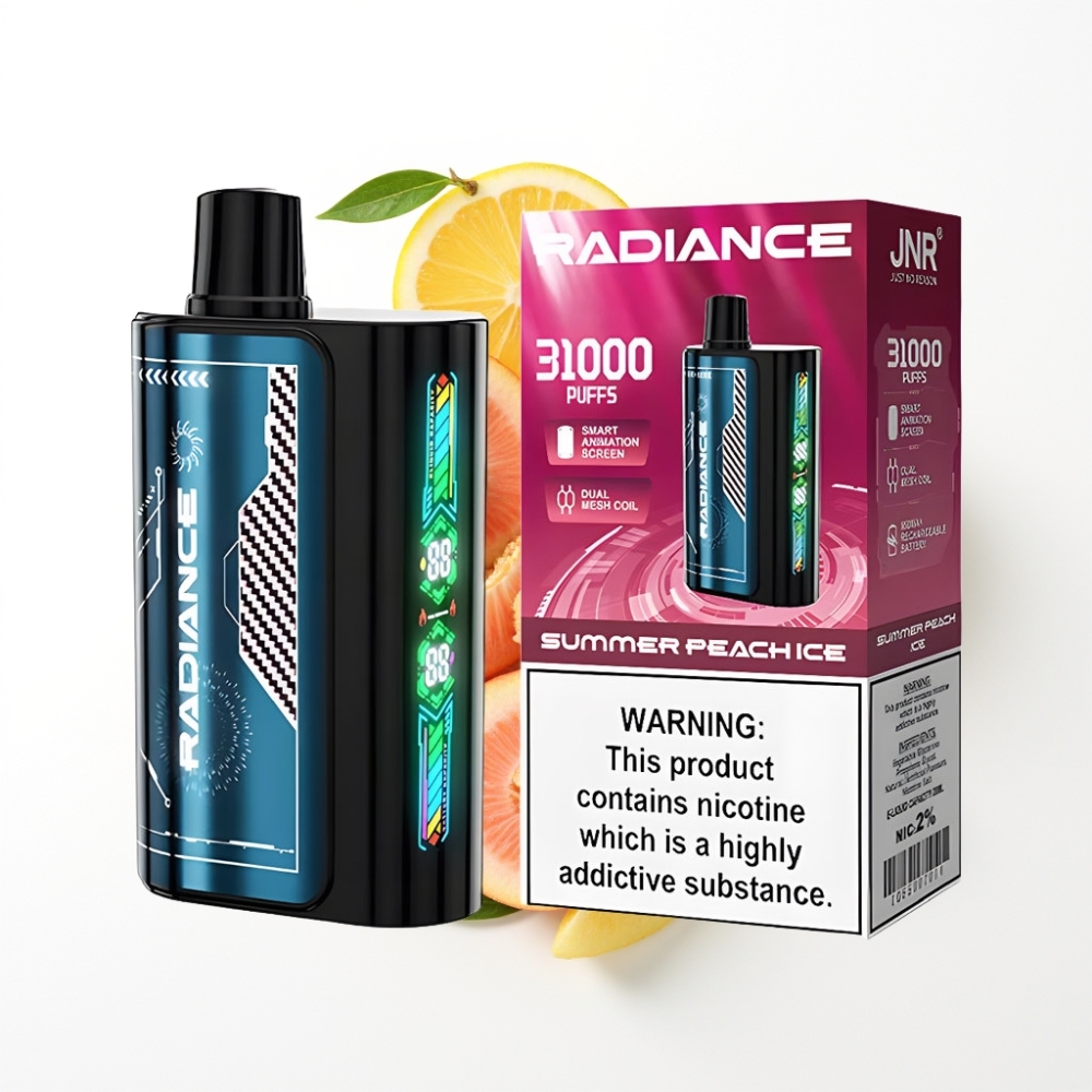 JNR Radiance 31000 Puffs Disposable Vape PÊCHE GLACÉE D\'ÉTÉ avec écran animé intelligent et batterie rechargeable 950 mAh