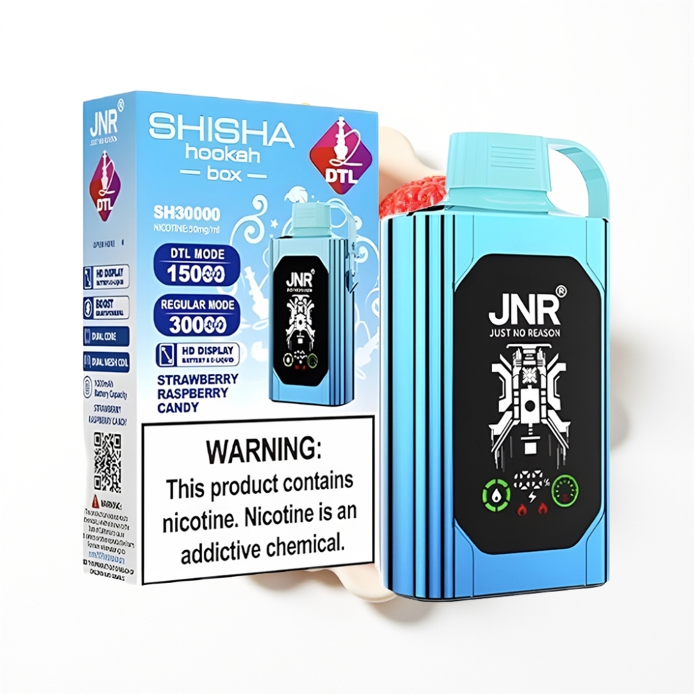 JNR Shisha Hookah Box 20500 Puffs Disposable Vape Fraise Framboise Bonbon avec Dual Mesh Coil & Type-C