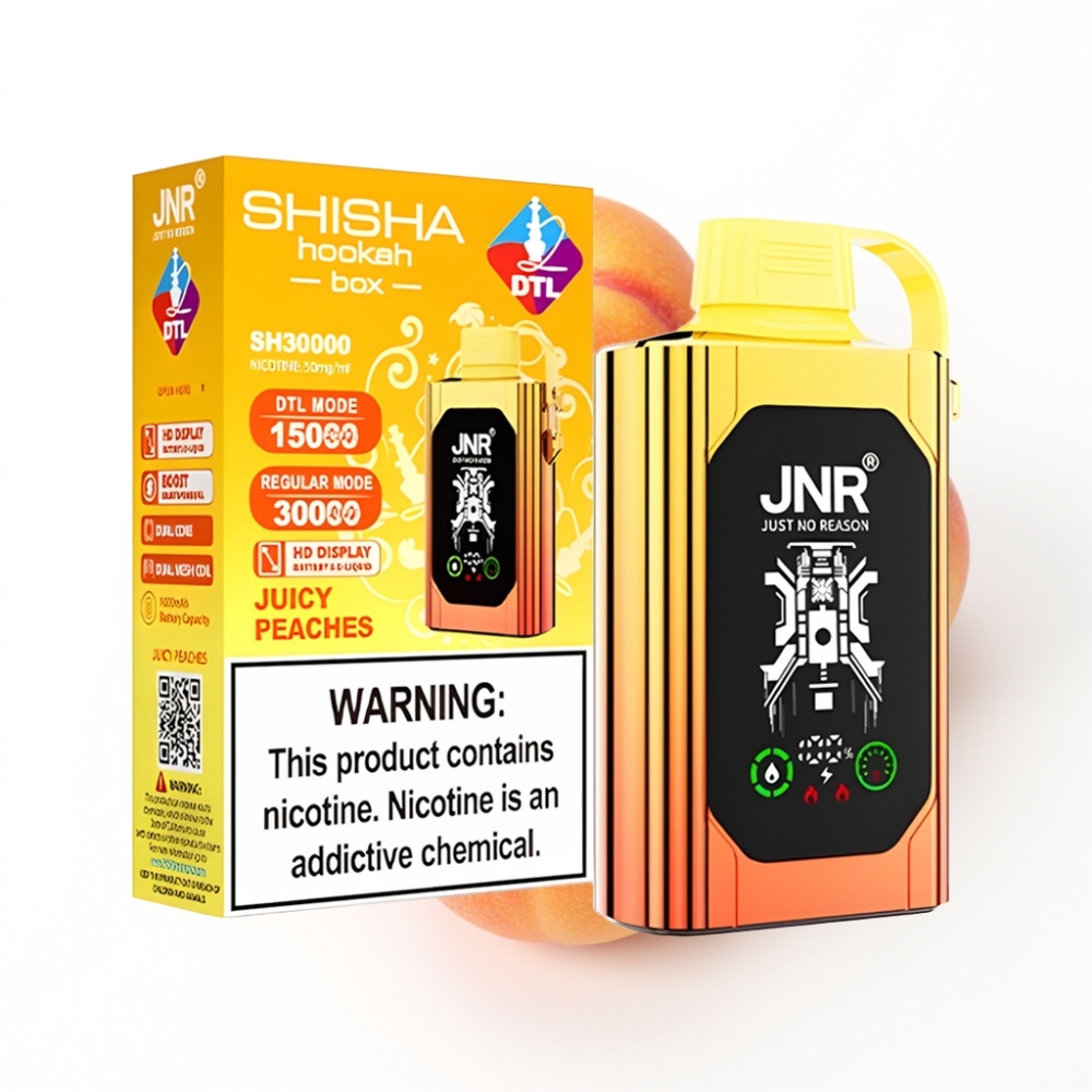 JNR Shisha Hookah Box 20500 Puffs Disposable Vape Pêches Juteuses avec Charge Rapide Type-C et Double Mesh Coil