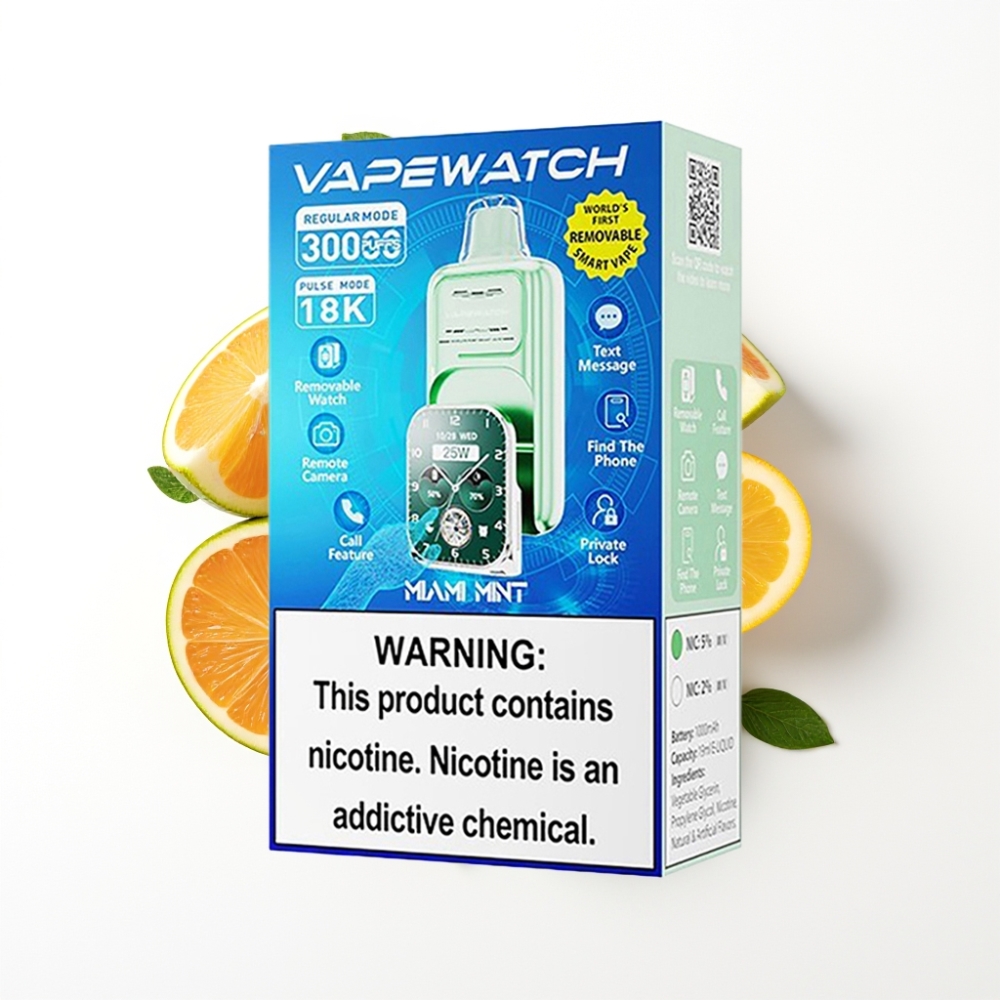 JNR VapeWatch 30000 Puffs Vape Jetable Miami Menthe avec 19mL et Charge Rapide Type-C